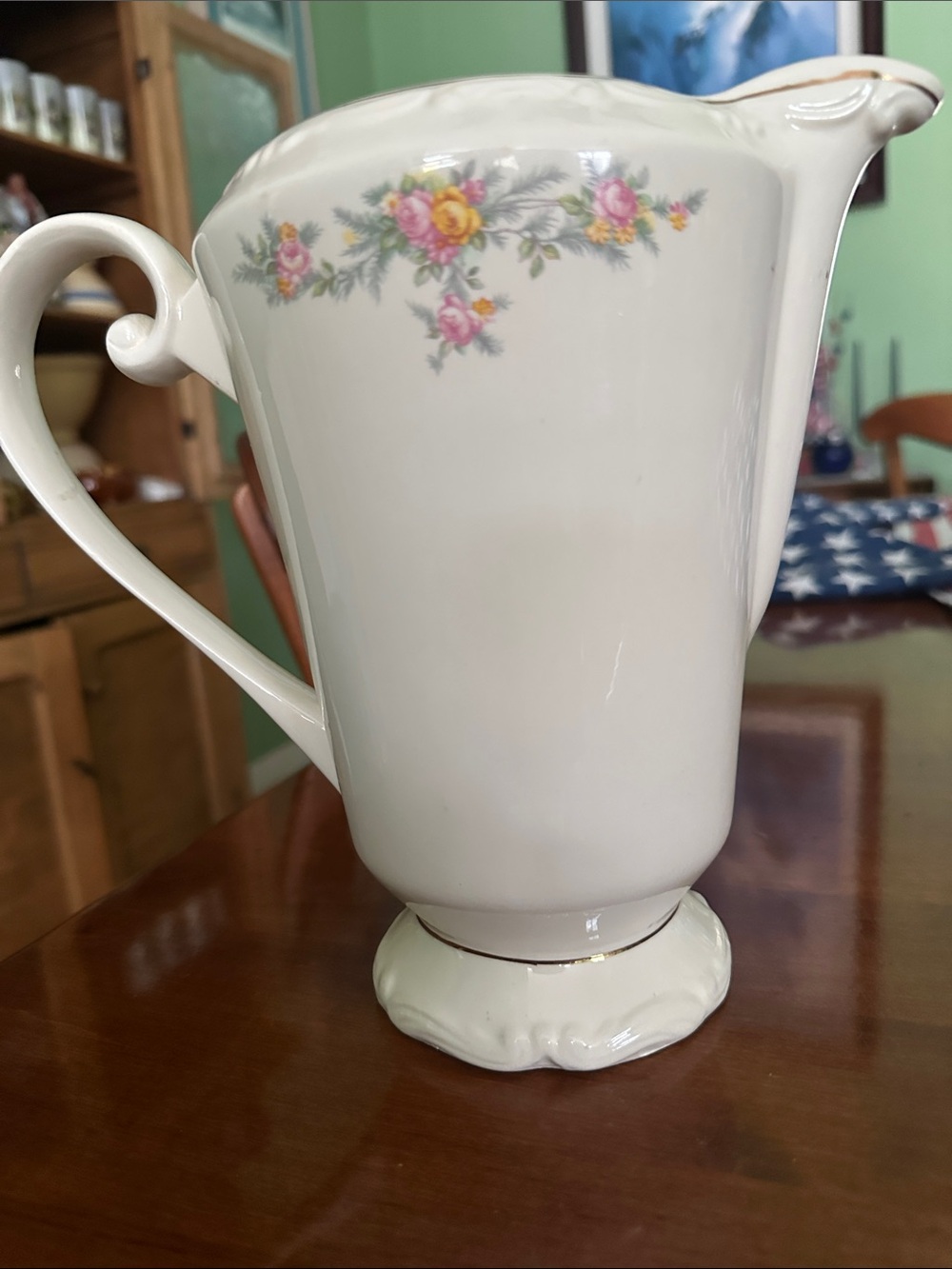 Love White Porcelain Pitcher with Pink and Yellow Floral Trim